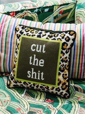 Embroidered 'cut the shit' Leopard Accent Pillow - Olive & Lime